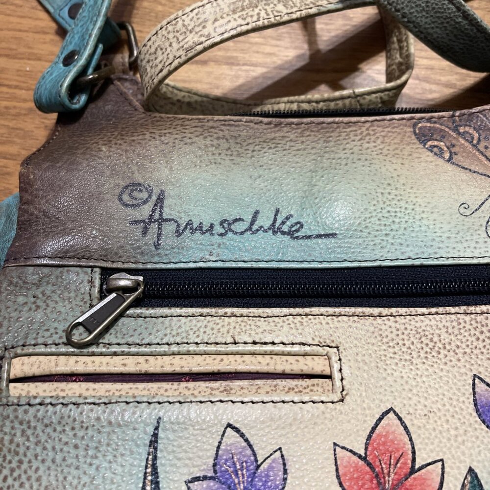 Anuschka Hand Painted Shoulder Bag Leather Matching Wallet Flowers Butterfly - Picture 4 of 16